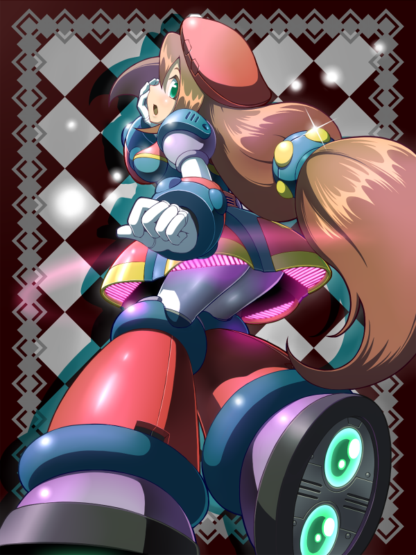 1girl android beret breasts brown_hair dress green_eyes hair_ornament hand_on_cheek hat iris iris_(rockman) large_breasts long_hair looking_back napo open_mouth robot rockman rockman_x