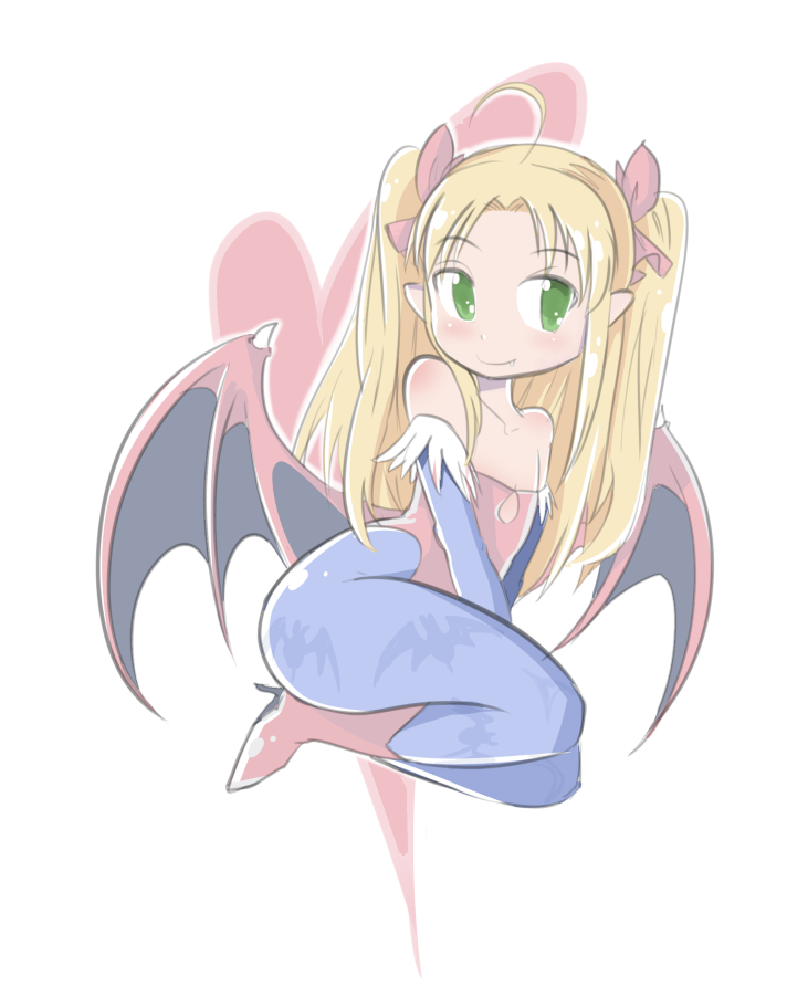 1girl ahoge astarotte_ygvar bare_shoulders bat_print blonde_hair blue_legwear cosplay demon_wings fang_out flat_chest green_eyes hair_ribbon high_heels leotard lilith_aensland lilith_aensland_(cosplay) long_hair looking_at_viewer lotte_no_omocha! pantyhose pointy_ears print_legwear ribbon robojanai simple_background smile solo trait_connection twintails vampire_(game) white_background wings