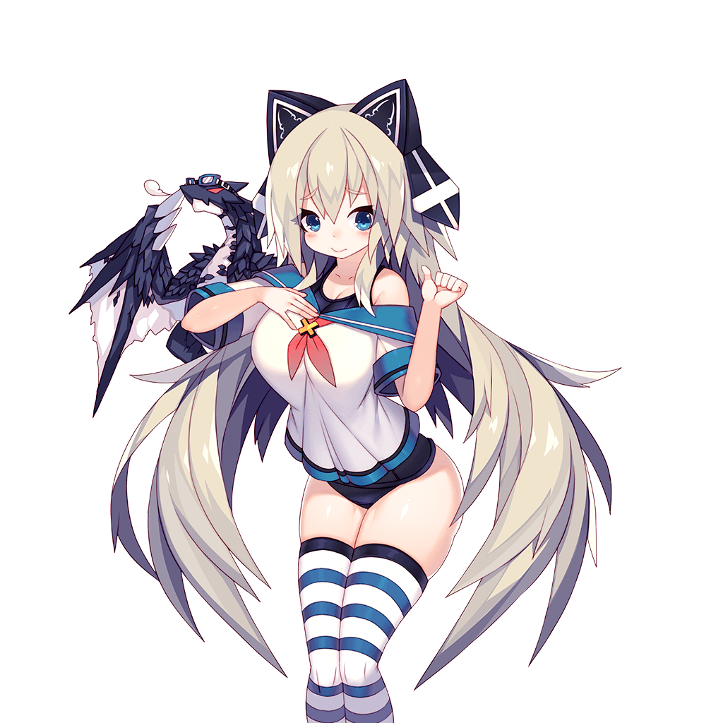 1girl animal_ears blue_eyes breasts cat_ears character_request dragon fake_animal_ears large_breasts legs_together long_hair looking_at_viewer off_shoulder official_art school_uniform serafuku short_sleeves sleeve_cuffs solo striped striped_legwear swimsuit swimsuit_under_clothes thigh-highs transparent_background uchi uchi_no_hime-sama_ga_ichiban_kawaii very_long_hair