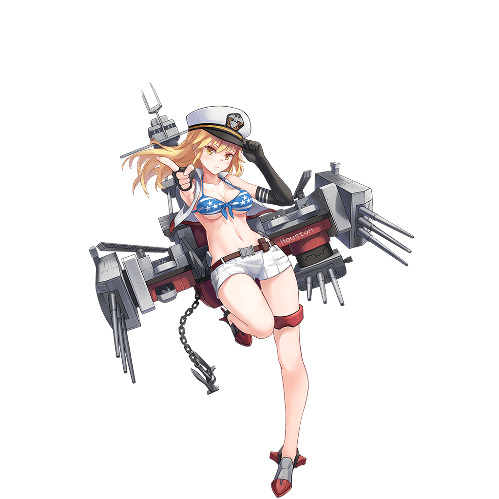 1girl anchor asymmetrical_gloves belt bikini bikini_top black_gloves blonde_hair blue_bikini breasts cannon chain character_name closed_mouth collarbone elbow_gloves fingerless_gloves full_body gloves hand_on_headwear hat houston_(zhan_jian_shao_nyu) looking_at_viewer machinery midriff military_hat navel official_art one_leg_raised open_clothes open_vest peaked_cap pointing pointing_at_viewer remodel_(zhan_jian_shao_nyu) shorts simple_background standing standing_on_one_leg star star_print swimsuit text transparent_background turret vest white_hat white_shorts white_vest yellow_eyes zhan_jian_shao_nyu