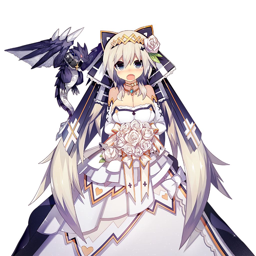 :o animal_ears black_eyes blush bouquet breasts cat_ears choker cleavage cross cross_necklace dragon dress elbow_gloves fake_animal_ears fang flower gloves hair_flower hair_ornament holding jewelry large_breasts long_hair looking_at_viewer mamuru necklace official_art open_mouth strapless strapless_dress tiara transparent_background uchi_no_hime-sama_ga_ichiban_kawaii very_long_hair