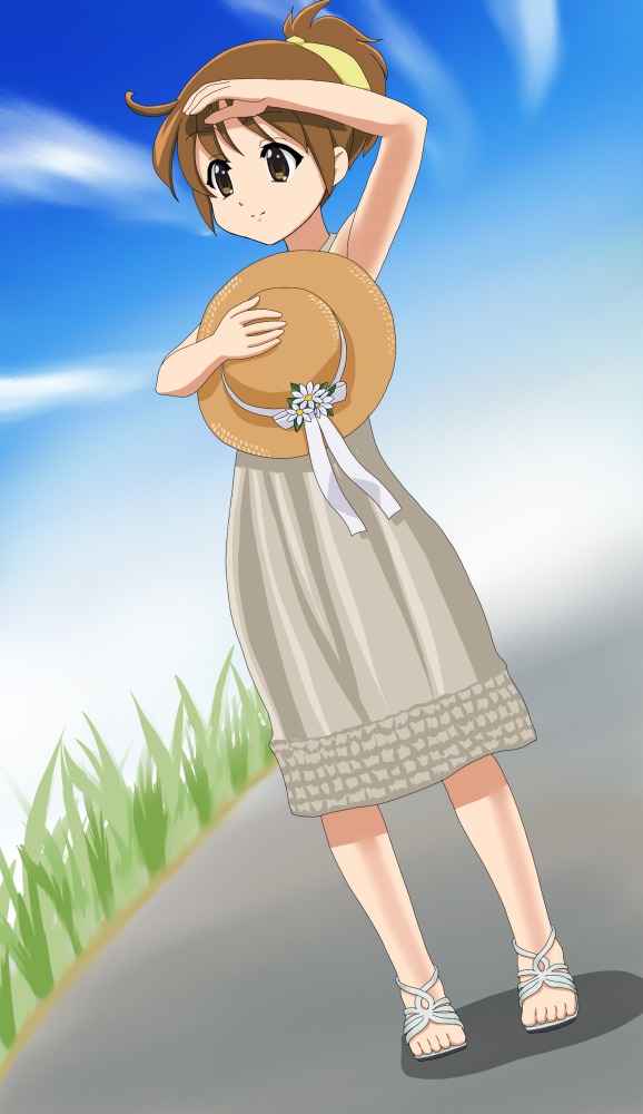 brown_hair chunpai dress hat hirasawa_ui k-on! ponytail sandals short_hair solo sundress