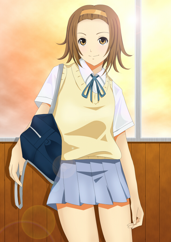 brown_hair face hairband k-on! kishida-shiki pleated_skirt school_uniform short_hair skirt solo sweater_vest tainaka_ritsu tomboy