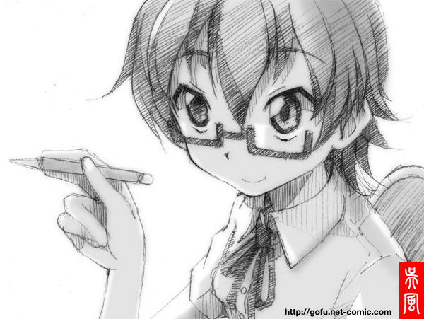 gofu k-on! manabe_nodoka monochrome pencil school_uniform short_hair sketch solo traditional_media