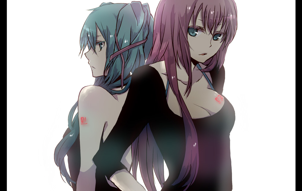 aqua_eyes aqua_hair back-to-back back_to_back blue_eyes breasts buzz cleavage hatsune_miku long_hair megurine_luka multiple_girls pink_hair simple_background twintails very_long_hair vocaloid