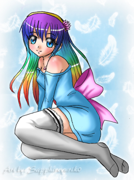 blue_eyes bottomless feathers flower jewelry kiwi_koneko long_hair mystic original rainbow ribbon sapphire socks tagme young