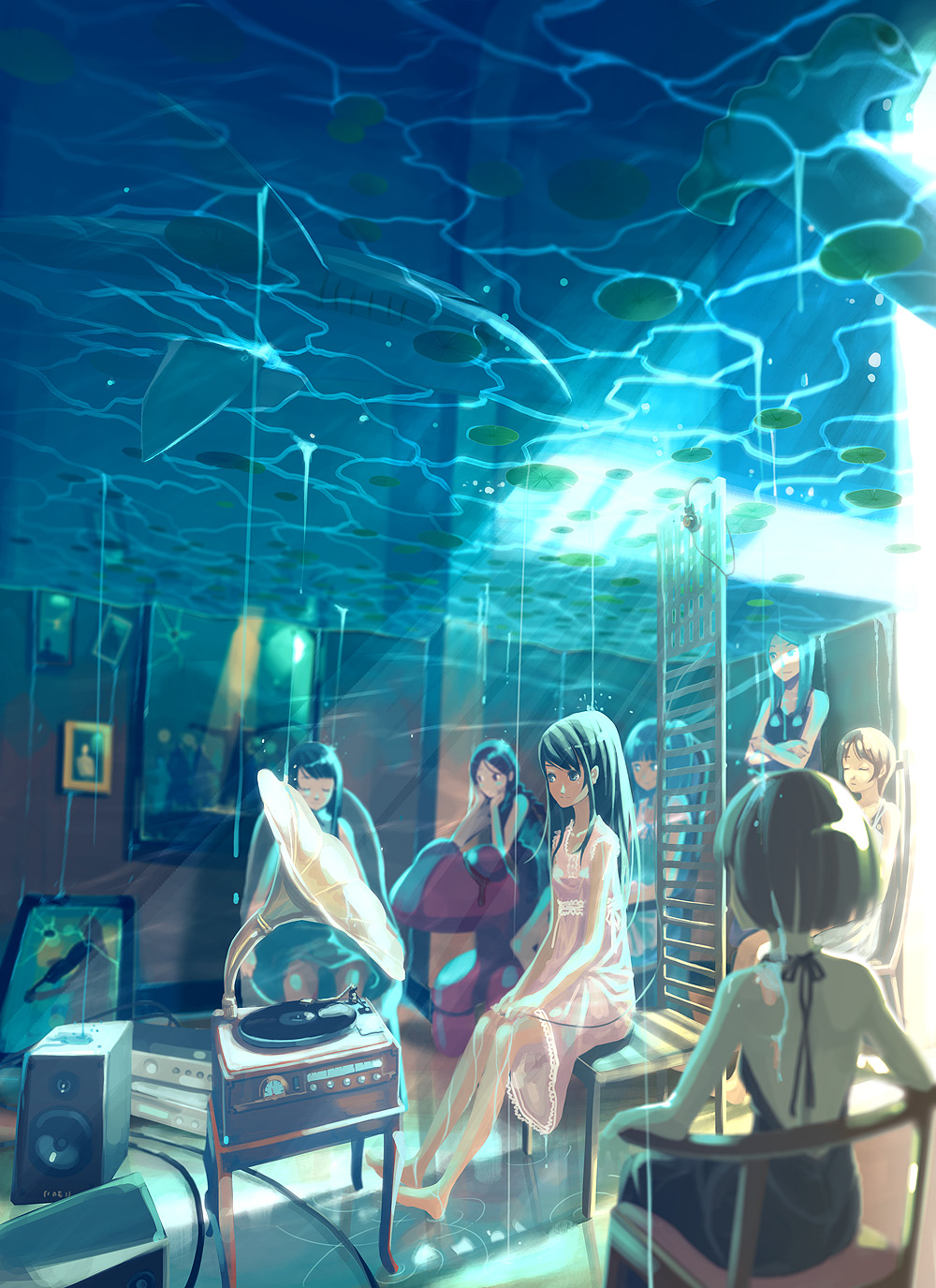 blue_hair caustic_lighting chair closed_eyes crossed_arms dress fish formal halterneck headphones highres instrument lily_pad nightgown original painting phonograph shark sitting speaker sunbeam sunlight surreal underwater violin vofan water