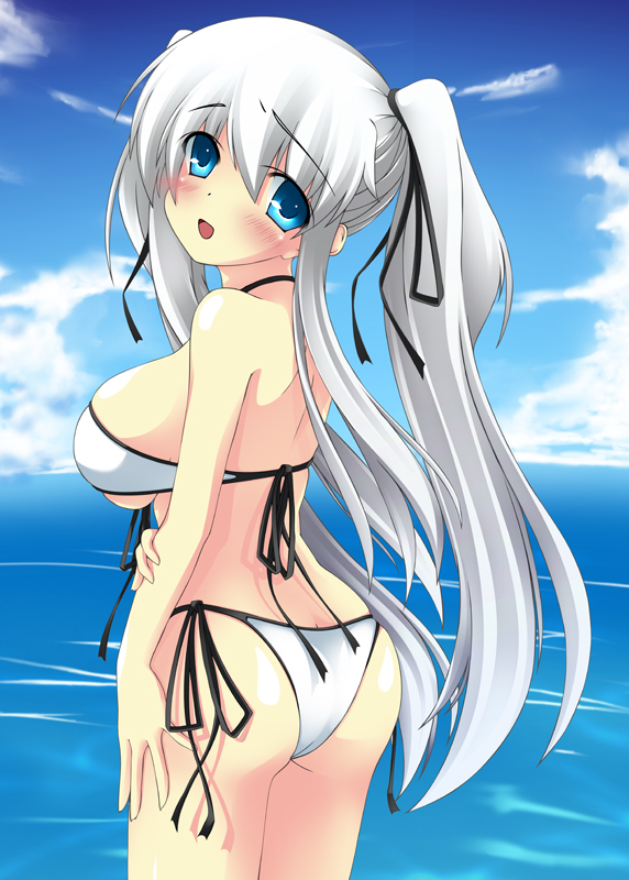 ass bikini blue_eyes blush breasts butt_crack front-tie_top hair_ribbon large_breasts long_hair looking_at_viewer looking_back mabinogi nao ocean ribbon shadow side-tie_bikini swimsuit twintails umitsubame under_boob underboob water white_hair