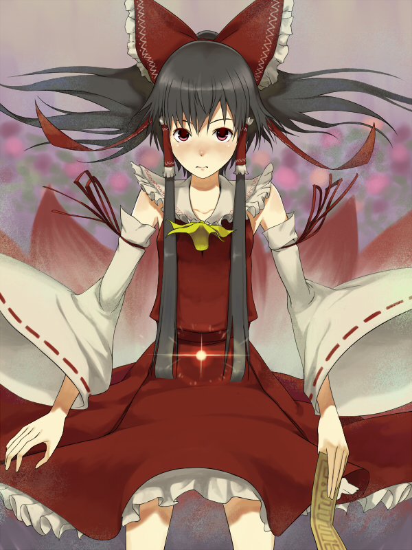 bad_id black_hair bow detached_sleeves hair_bow hakurei_reimu penpen_(artist) red_eyes short_hair solo touhou