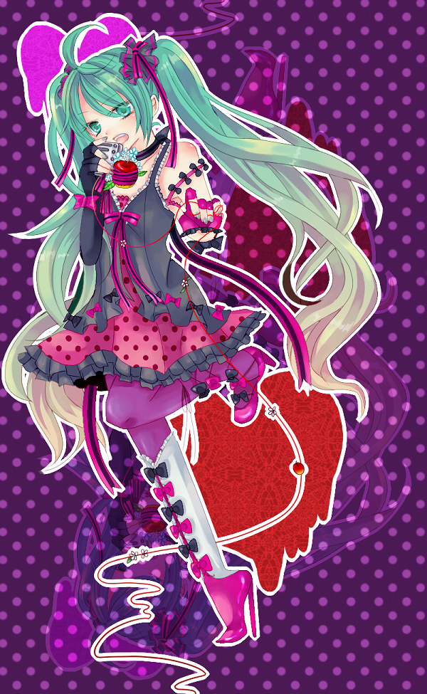 aqua_eyes aqua_hair asymmetrical_clothes fingerless_gloves frills gloves hair_ribbon hatsune_miku high_heels kuroi_(pixiv145563) long_hair microphone mismatched_footwear nail_polish pantyhose pink_legwear ribbon romeo_and_cinderella_(vocaloid) romeo_to_cinderella_(vocaloid) saya0109 shoes short_dress twintails vocaloid