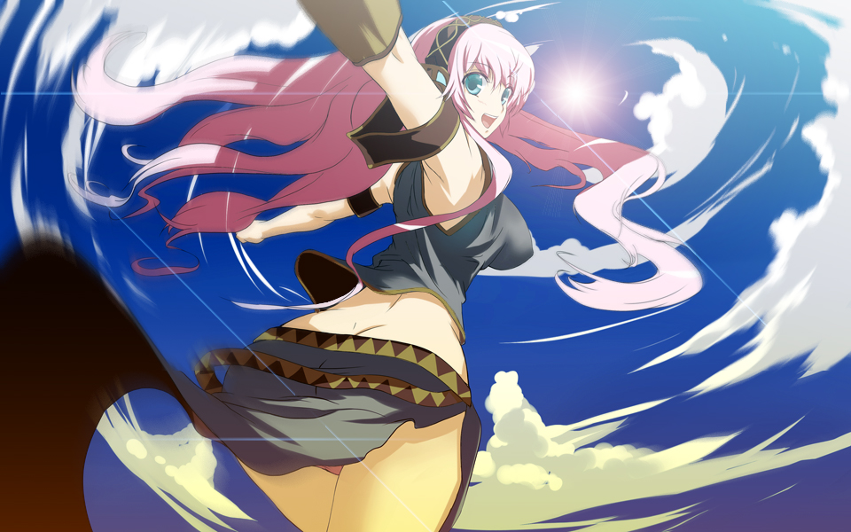 breasts butt_crack cloud clouds double_lariat_(vocaloid) large_breasts long_hair megurine_luka midriff motion_blur murasame_nohito panties pantyshot pink_hair sky smile sun underwear vocaloid