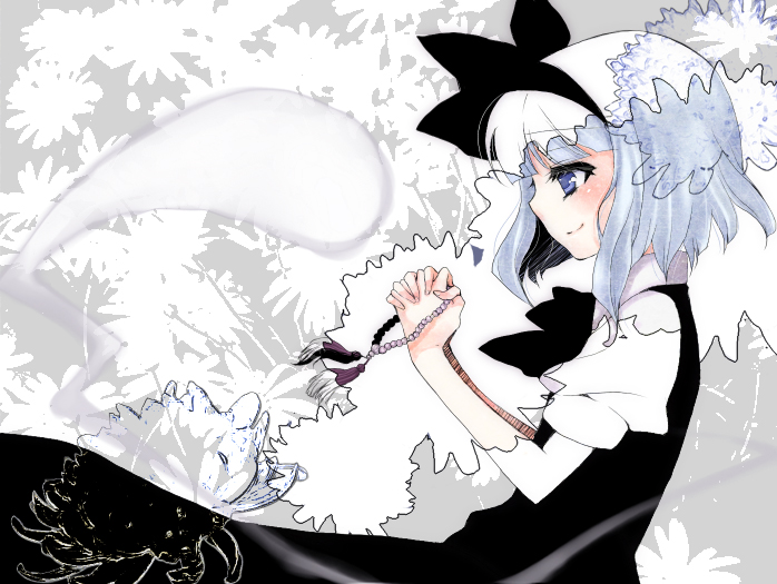 blue_eyes blunt_bangs bob_cut ghost hairband hands_clasped konpaku_youmu konpaku_youmu_(ghost) midori_(green_tea) midori_(pixiv) myon praying profile short_hair silver_hair smile solo touhou