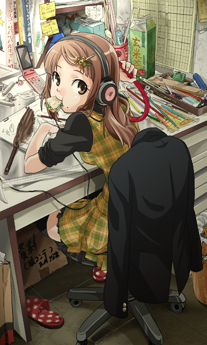 brown_eyes brown_hair cellphone chair desk drawing duster eating feather_duster hair_ornament hairpin headphones long_hair looking_back mouth_hold naka_nohito original pencil phone plaid ruler sandwich scratching sitting sketching sleeves_rolled_up slippers solo