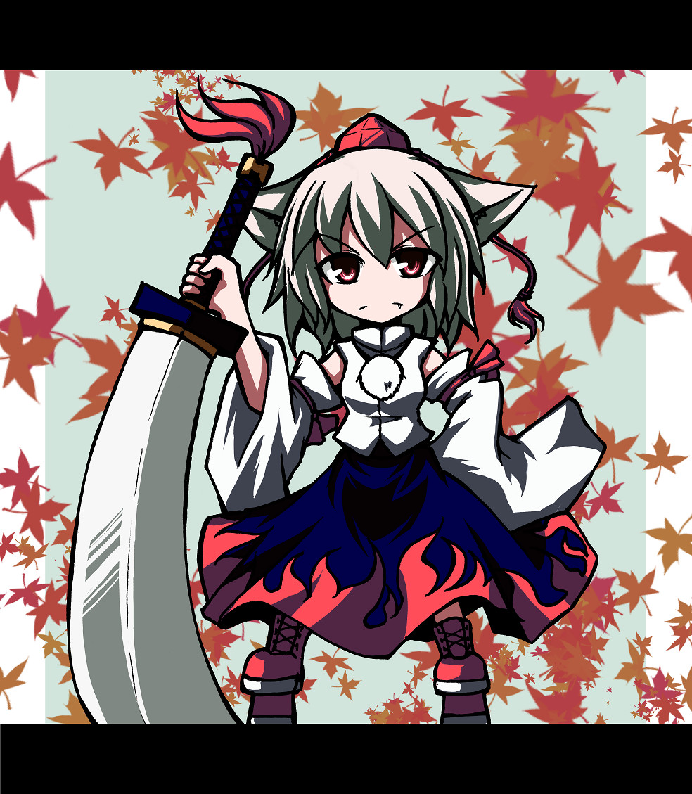 ado_(artist) animal_ears chibi detached_sleeves hat inubashiri_momiji mochizuki_ado red_eyes short_hair silver_hair solo sword tokin_hat touhou weapon wolf_ears