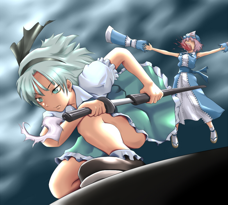 aqua_eyes blood detached_sleeves hairband hat katana konpaku_youmu pink_hair saigyouji_yuyuko sheath sheathed short_hair silver_hair sword torn_clothes touhou weapon