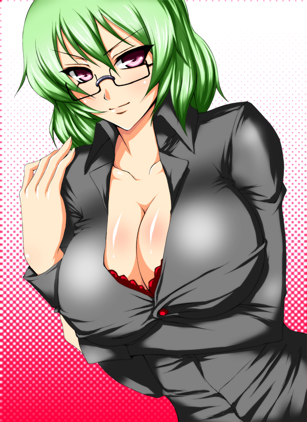 bespectacled bra breast_hold breasts bust cleavage glasses green_hair kazami_yuuka lace-trimmed_bra large_breasts lingerie pizaya purple_eyes red_bra s_tanly short_hair touhou underwear violet_eyes