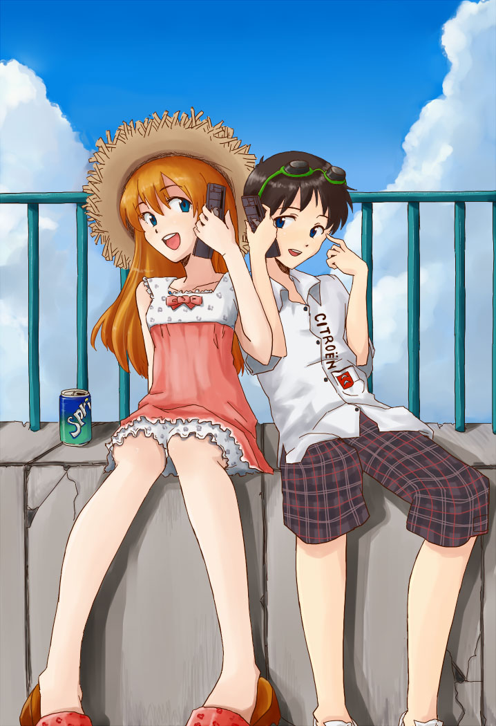 1girl blue_eyes brown_hair can cellphone cloud clouds couple dress dress_shirt fence gaju goggles hat ikari_shinji legs neon_genesis_evangelion open_mouth orange_hair phone plaid product_placement rebuild_of_evangelion shirt shorts sitting sky smile soryu_asuka_langley souryuu_asuka_langley sprite_(drink) straw_hat sundress tartan wall