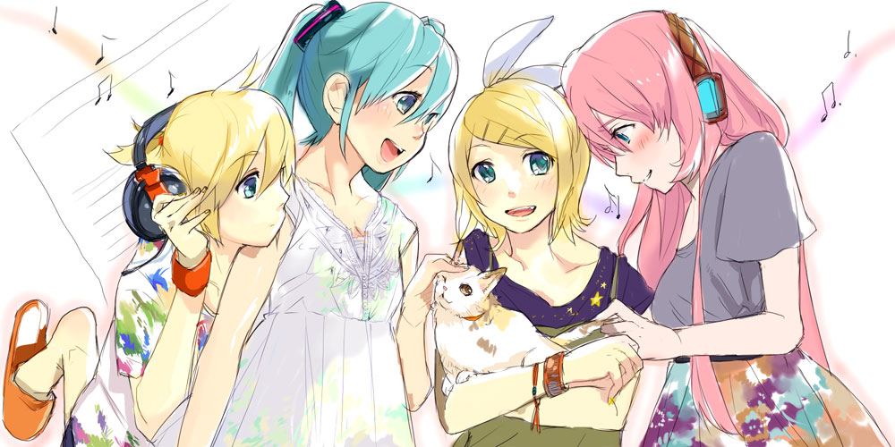 bad_id blonde_hair blue_eyes blush casual cat hair_ornament hair_ribbon hairclip hand_on_headphones hatsune_miku headphones kagamine_len kagamine_rin long_hair megurine_luka musical_note pink_hair ribbon short_hair smile twintails ume_(pixiv920217) ume_(plumblossom) vocaloid