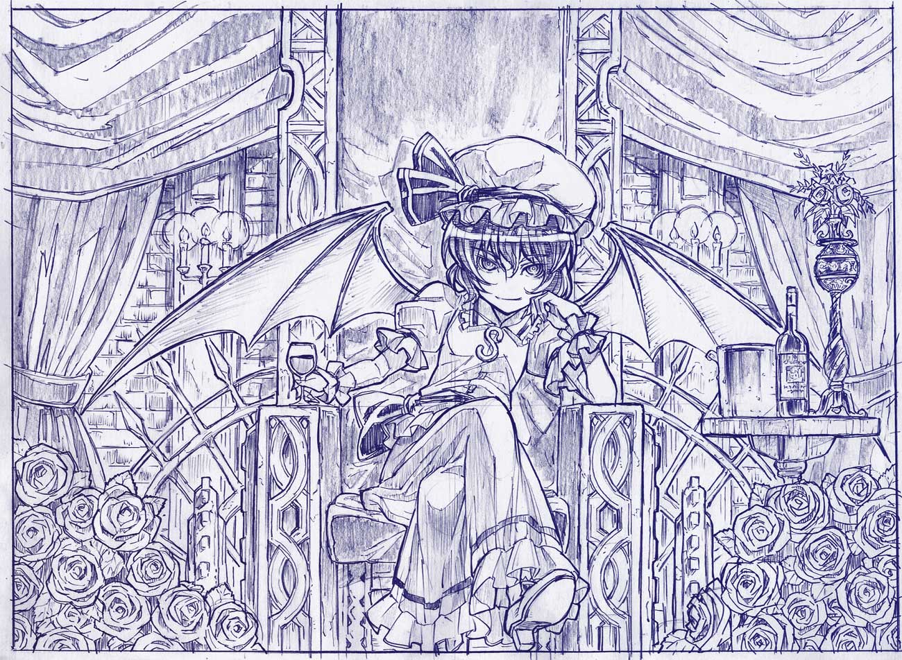 bottle cup flower hat monochrome remilia_scarlet rose sakino_shingetsu short_hair solo throne touhou traditional_media wine wine_glass wings