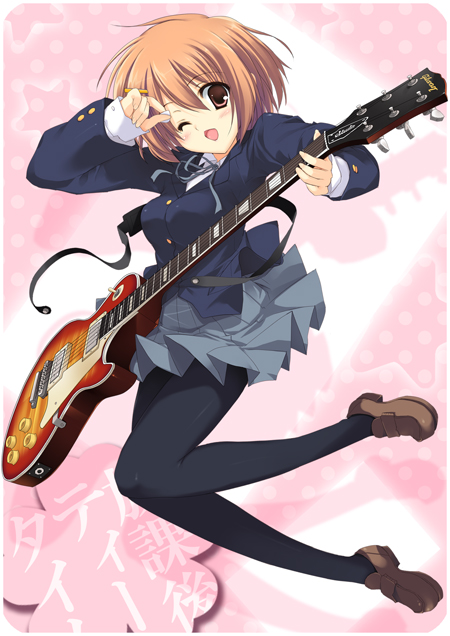brown_hair guitar guitar_pick hirasawa_yui instrument k-on! les_paul pantyhose plectrum school_uniform short_hair solo wink yoshiwo