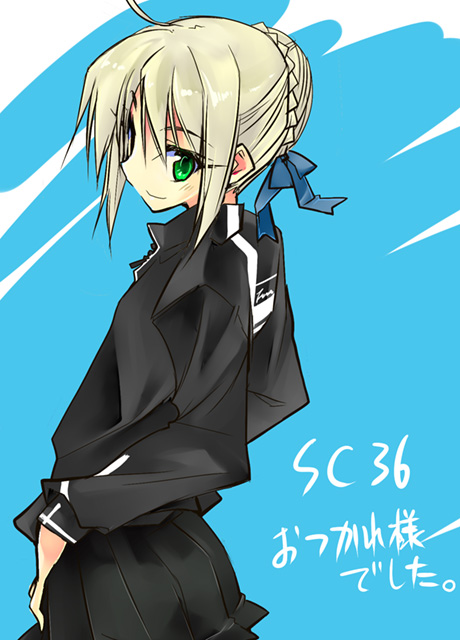 ahoge blonde_hair fate/stay_night fate_(series) green_eyes hair_ribbon ribbon saber solo