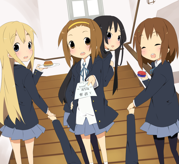 akiyama_mio bad_id black_eyes black_hair blonde_hair blue_eyes brown_eyes brown_hair cake castanets closed_eyes drag dragging flyer food hirasawa_yui instrument k-on! kareha_aki kotobuki_tsumugi long_hair multiple_girls pantyhose pastry plate pov school_uniform short_hair stairs tainaka_ritsu