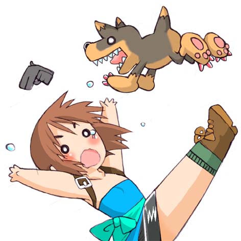 brown_hair chibi cute dog funny gun jill_valentine lol o_o resident_evil resident_evil_3 short_hair surprise