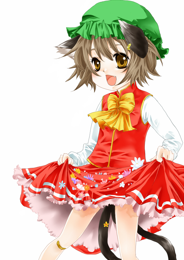 bandaid brown_hair cat_ears cat_tail chen earrings fang flower furoya hat jewelry multiple_tails short_hair solo tail touhou