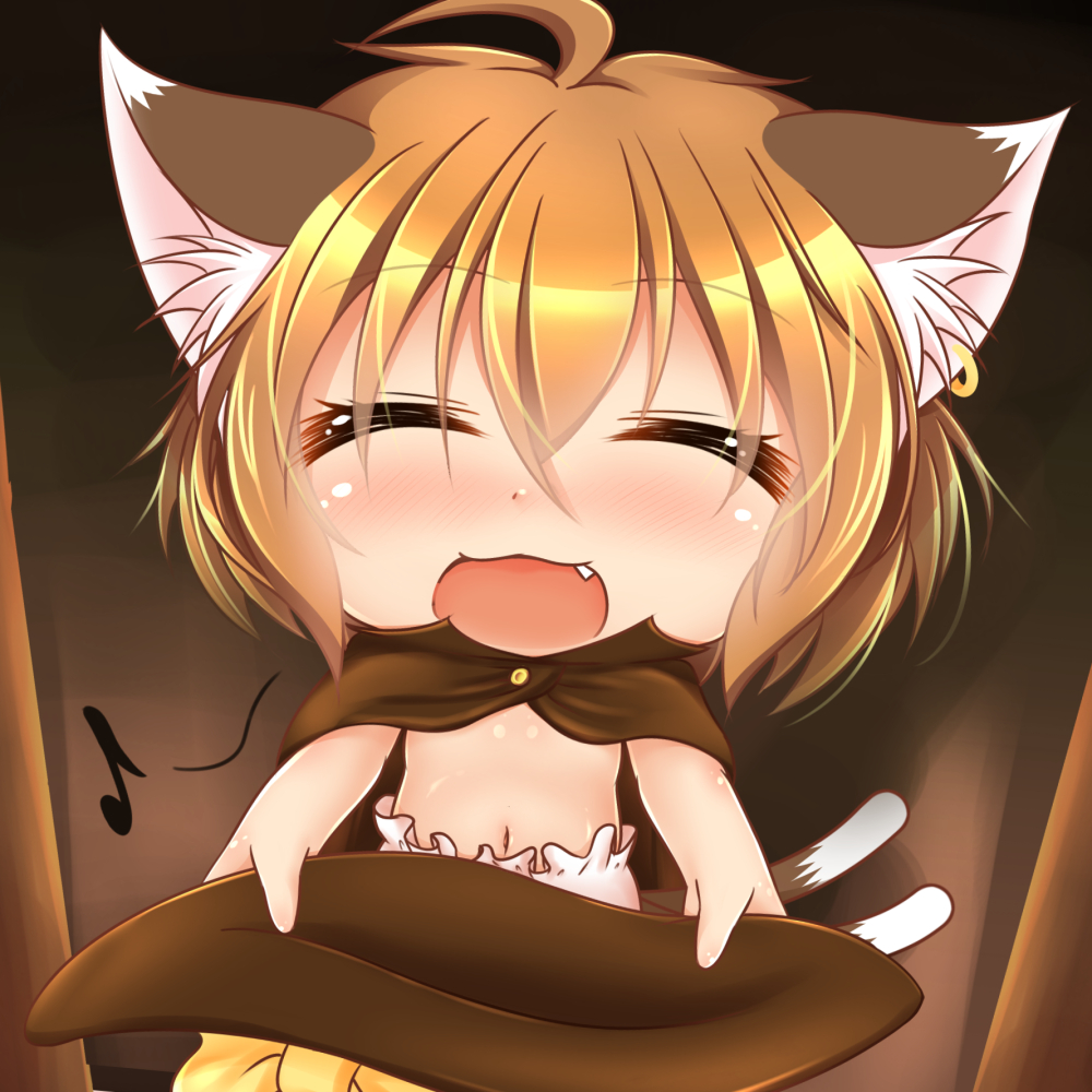 1girl animal_ears blush chen child closed_eyes costume deformed earring fang female flat_chest halloween holding kurumai multiple_tails musical_note navel open_mouth short_hair solo team_shanghai_alice touhou