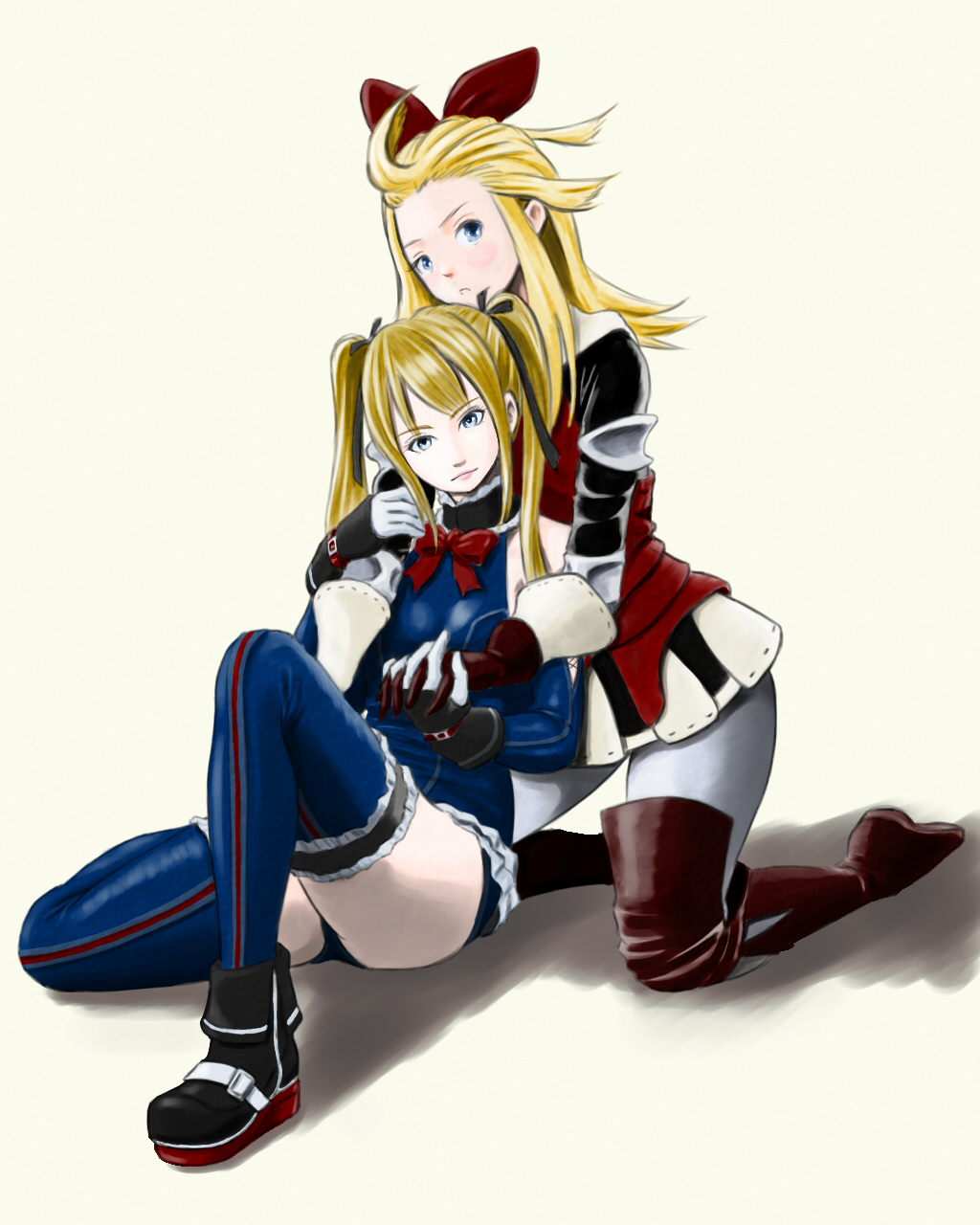 2girls ahoge aizawa_mai artist_request bare_shoulders blonde_hair blue_eyes blush boots bow bravely_default:_flying_fairy bravely_default_(series) crossover dead_or_alive dead_or_alive_5 detached_sleeves edea_lee fingerless_gloves gloves hair_bow hair_ribbon hug hug_from_behind leotard long_hair looking_at_viewer marie_rose multiple_girls open_mouth pantyhose ribbon seiyuu_connection shadow shiny shiny_hair shiny_skin sitting thigh-highs thigh_boots twintails