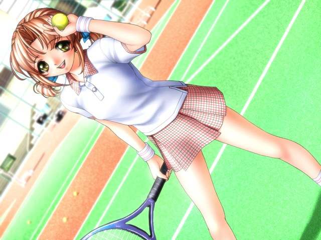 brown_hair game_cg joy_ride libido looking_at_viewer outdoor short_hair sokkou_hikaku_jirai_circle tennis_ball tennis_racket tennis_uniform twintails