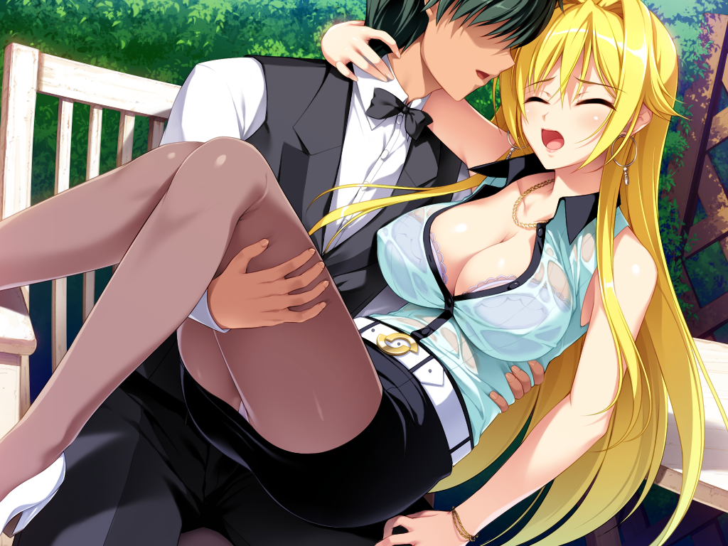 1girl bare_arms belt bench berochu! blonde_hair blush bra breasts cleavage closed_eyes earrings game_cg highres hikami_yuria large_breasts legs long_hair lying nakano_sora necklace open_mouth outdoors pantyhose see-through sitting skirt sleeveless thighs wet_clothes