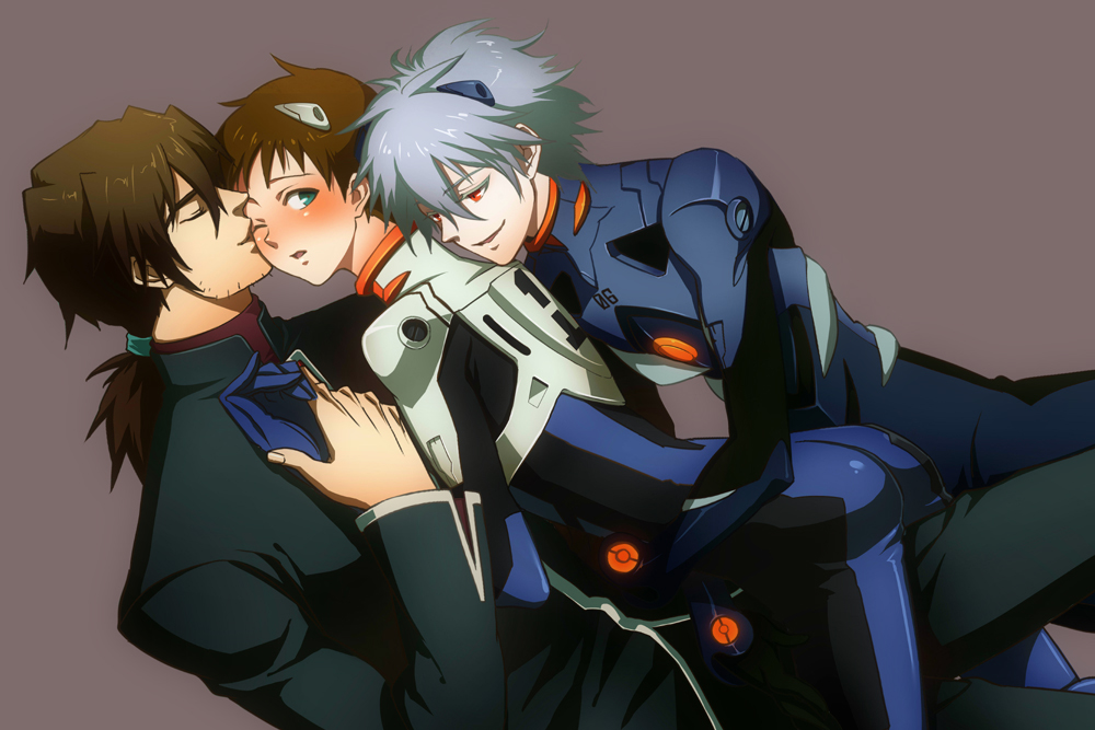 3boys a10_nerve_clips age_difference artist_request ass blue_eyes blush brown_hair cheek_kiss closed_eyes grey_hair ikari_shinji kaji_ryouji kiss male_focus multiple_boys nagisa_kaworu neon_genesis_evangelion one_eye_closed orange_eyes plugsuit ponytail rebuild_of_evangelion stubble yaoi