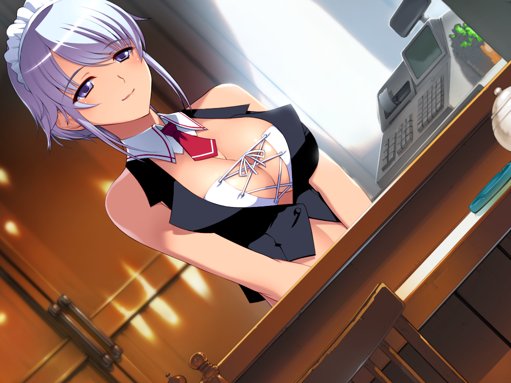 1girl aoshima_rui bare_arms bare_shoulders berochu! blush breasts chair cleavage detached_collar dutch_angle game_cg highres indoors large_breasts looking_away maid maid_headdress nakano_sora purple_hair short_hair sleeveless smile solo standing violet_eyes