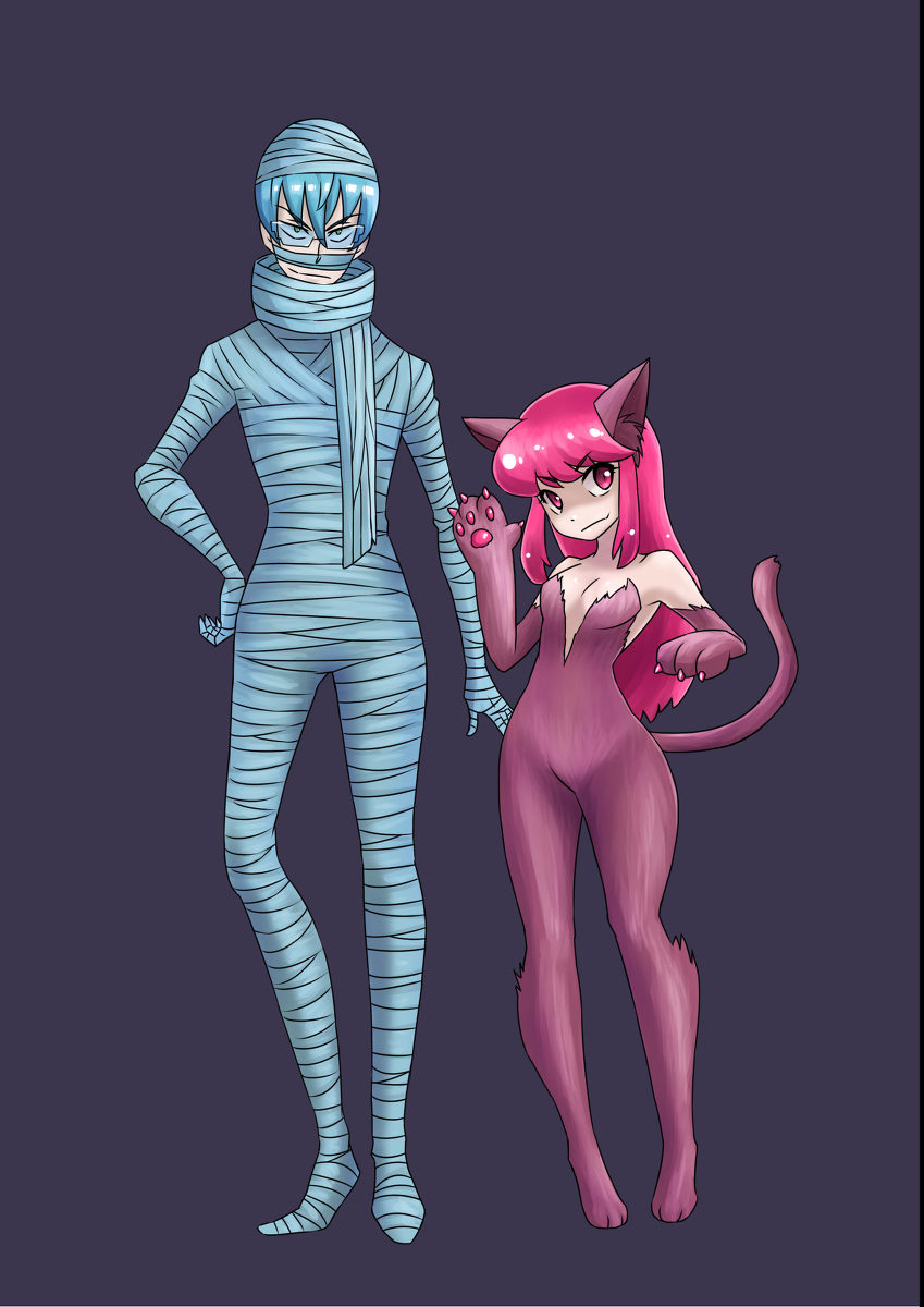 1boy 1girl animal_ears bare_shoulders blue_hair bodysuit cat_ears cat_girl cat_paws cat_tail cosplay full_body glasses hair_between_eyes halloween hand_on_hip highres inumuta_houka jakuzure_nonon kill_la_kill kotama_torane long_hair looking_at_viewer monster monster_girl mummy mummy_(cosplay) naughty_face pink_eyes pink_hair purple_background scarf shiny shiny_hair short_hair simple_background small_breasts smile standing strapless tail