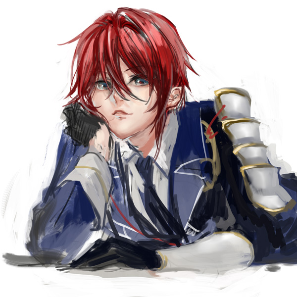 1boy aqua_eyes armor black_gloves child collared_shirt gloves half_gloves head_rest jacket japanese_armor looking_at_viewer male_focus military_uniform necktie parted_lips personification redhead shinano_toushirou simple_background sketch smile solo touken_ranbu vambraces white_background yamakawa_umi