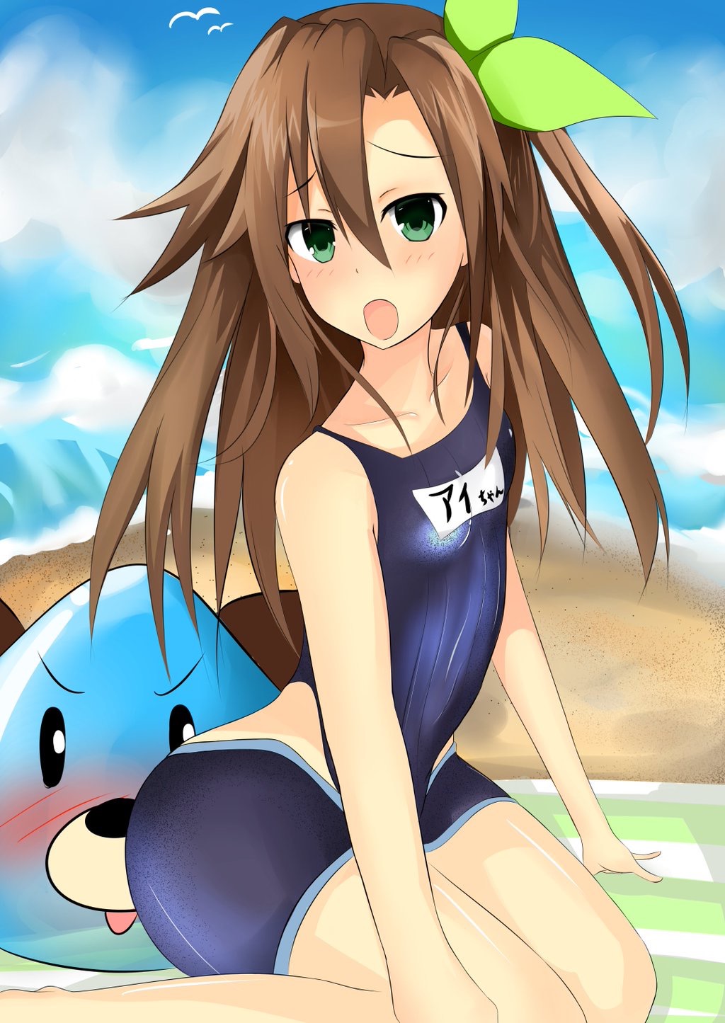 1girl artist_request bare_shoulders beach blush breasts brown_hair choujigen_game_neptune collarbone compile_heart dogoo female green_eyes hair_bow idea_factory if_(choujigen_game_neptune) long_hair looking_at_viewer neptune_(series) open_mouth shiny shiny_clothes shiny_hair shiny_skin side_ponytail solo_focus swimsuit wariza