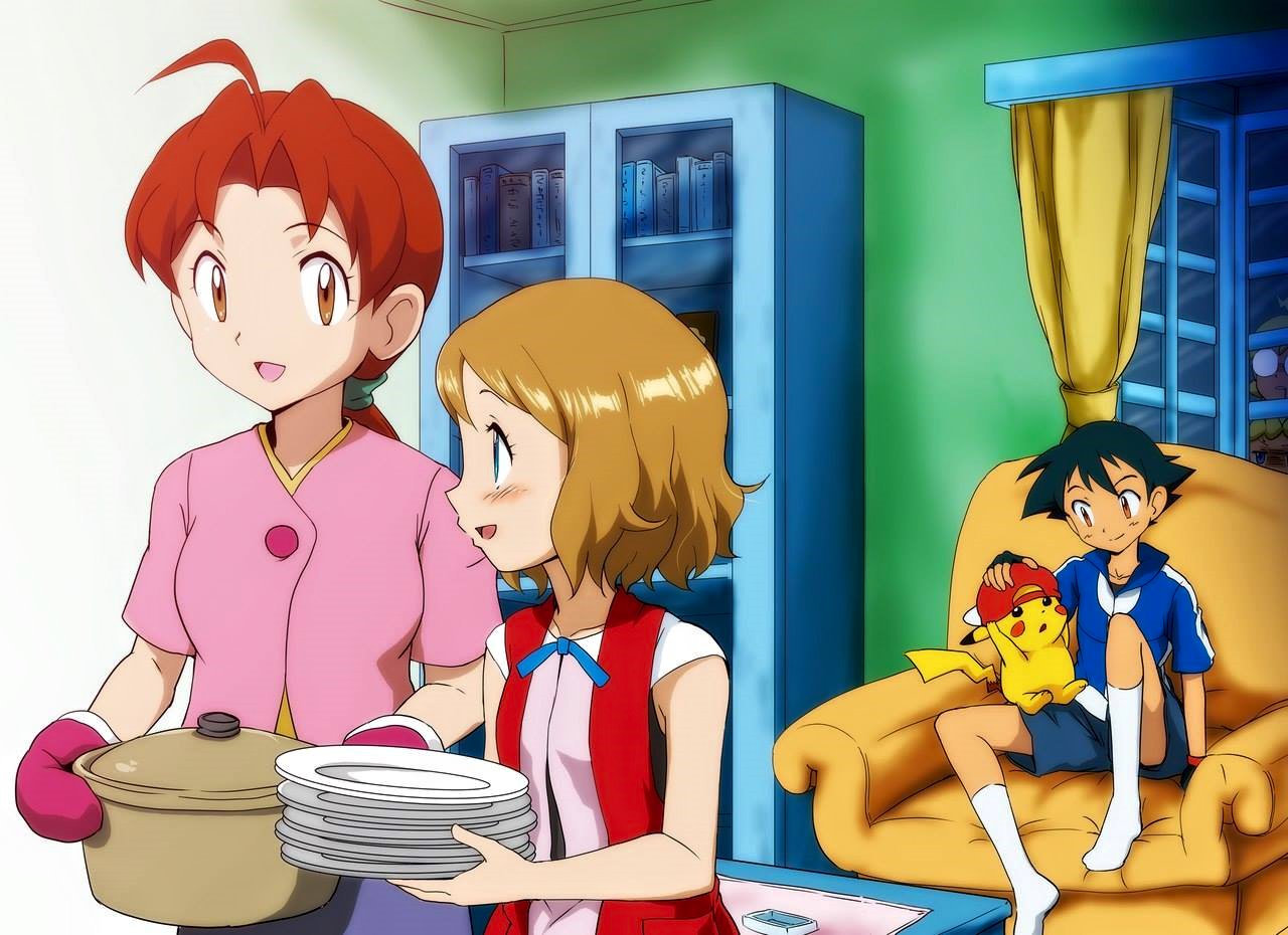 2boys 3girls citron_(pokemon) eureka_(pokemon) good_end hanako_(pokemon) hat mother_and_son multiple_boys multiple_girls pikachu plate pokemon pokemon_(anime) pokemon_xy satoshi_(pokemon) serena_(pokemon)