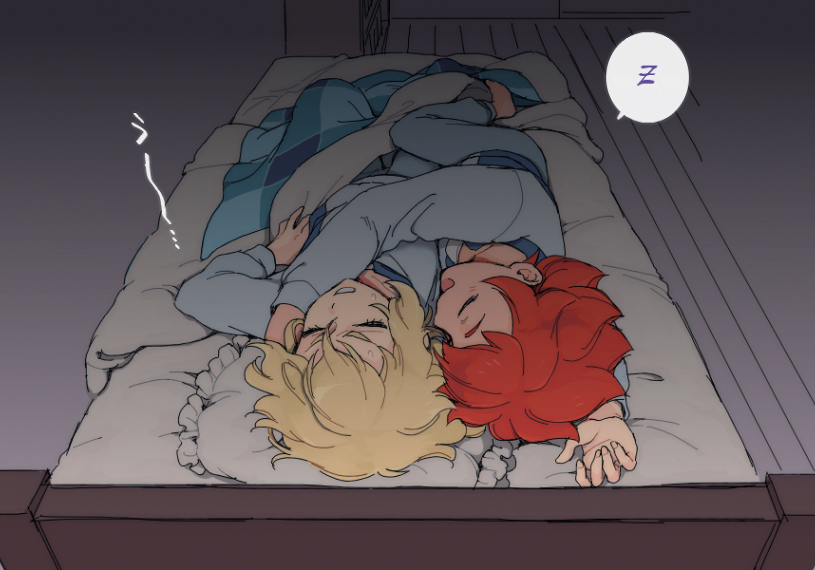 2boys bed child danball_senki danball_senki_wars hoshihara_hikaru indoors multiple_boys sena_arata sleeping yaoi