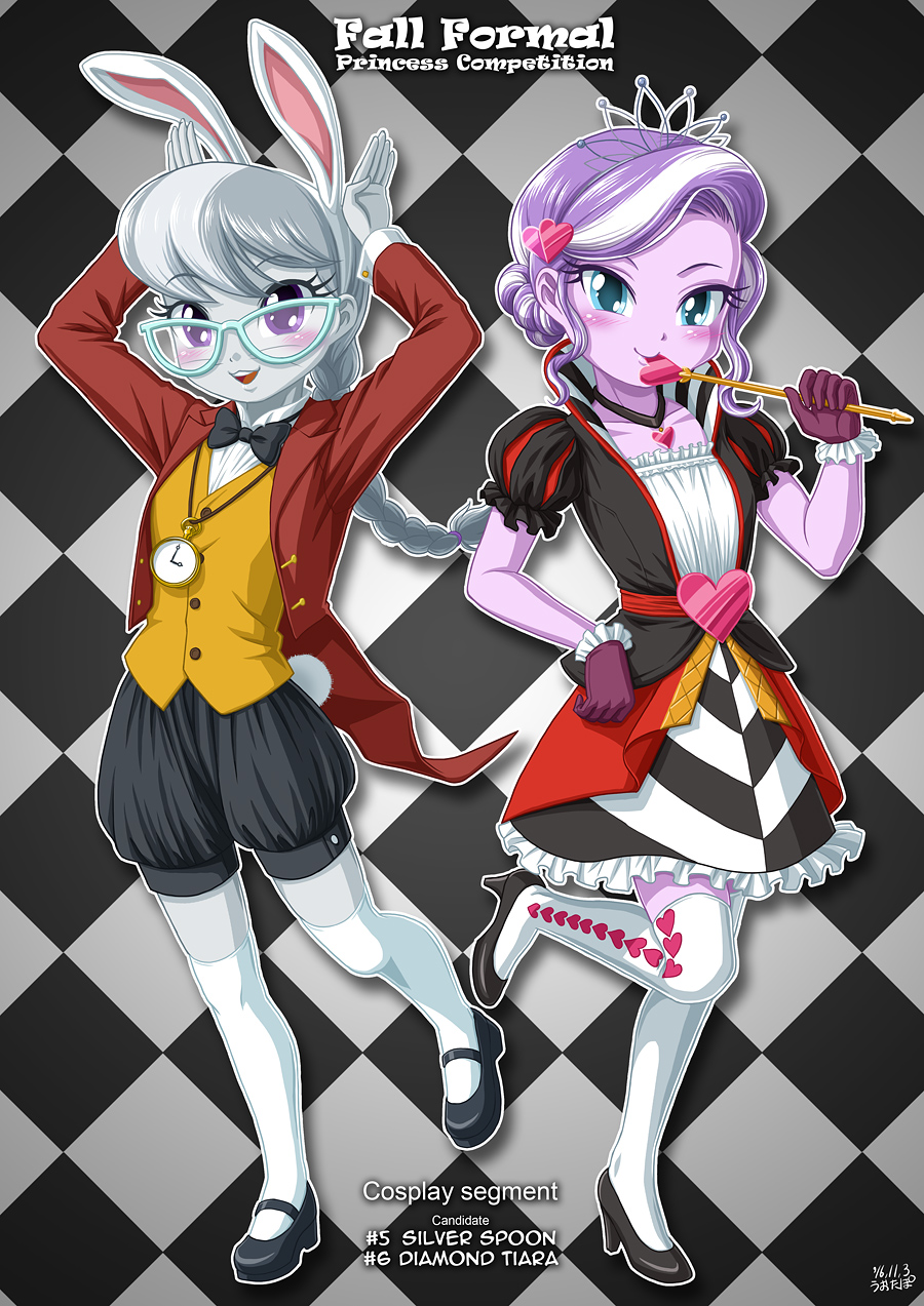 2girls alice_in_wonderland diamond_tiara multiple_girls my_little_pony my_little_pony_equestria_girls my_little_pony_friendship_is_magic personification queen_of_hearts queen_of_hearts_(cosplay) silver_spoon tagme uotapo white_rabbit white_rabbit_(cosplay)