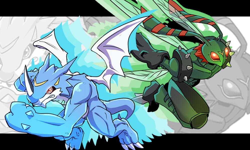 2boys armor bandai digimon dragon exveemon full_armor highres horns male_focus monster multiple_boys muscle no_humans red_eyes solo stingmon tail weapon wings