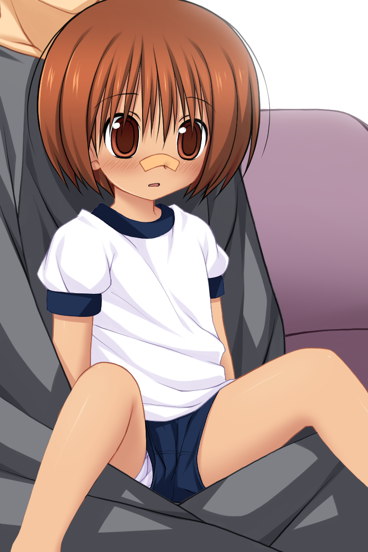 1boy 1girl brown_hair buruma child flat_chest gym_uniform head_out_of_frame juri_akasaka_(mizyou) mizyou pantyshot pantyshot_sitting shiny shiny_hair shiny_skin shirt short_hair short_sleeves sitting_on_lap solo_focus tomboy uniform white_shirt