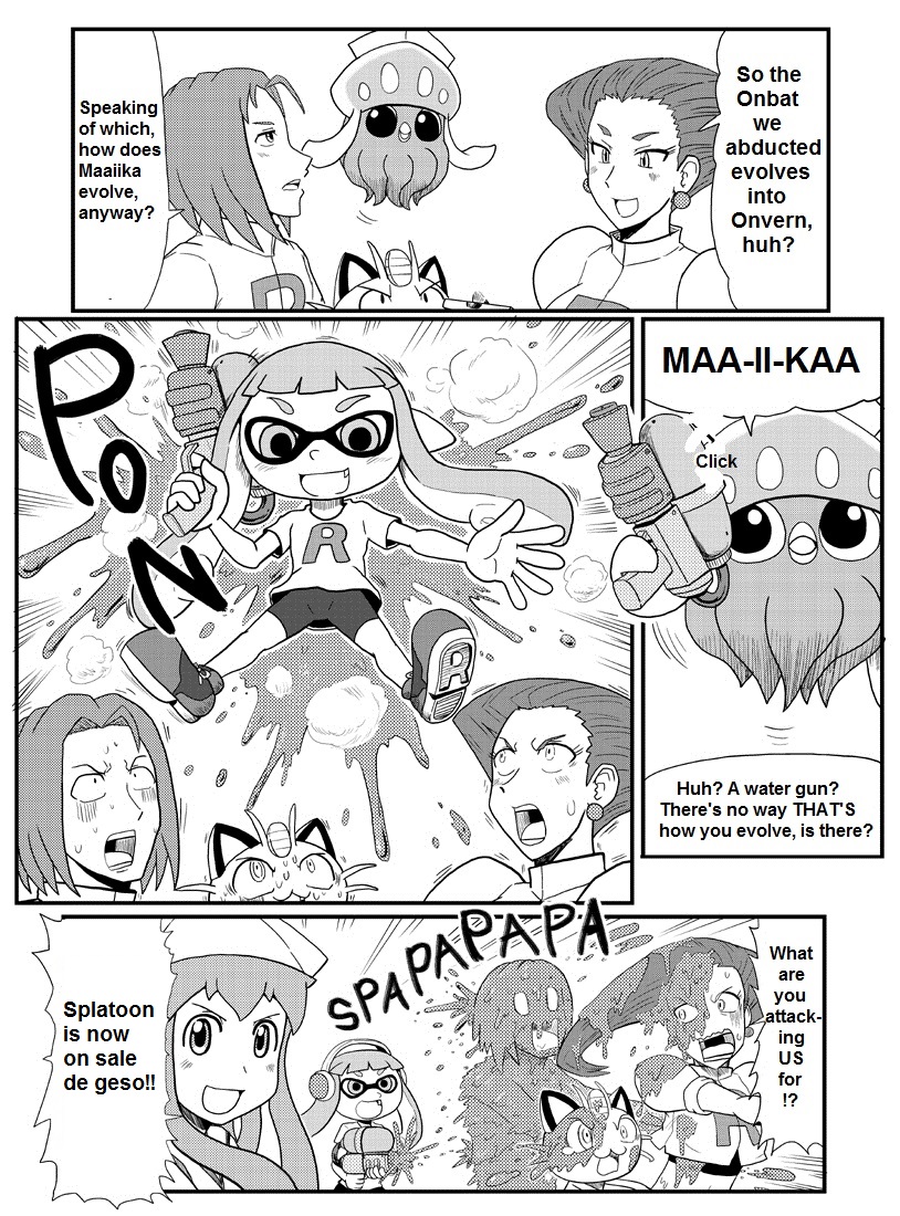 comic gouguru ikamusume kojiro_(pokemon) monochrome musashi_(pokemon) pokemon shinryaku!_ikamusume splatoon translated