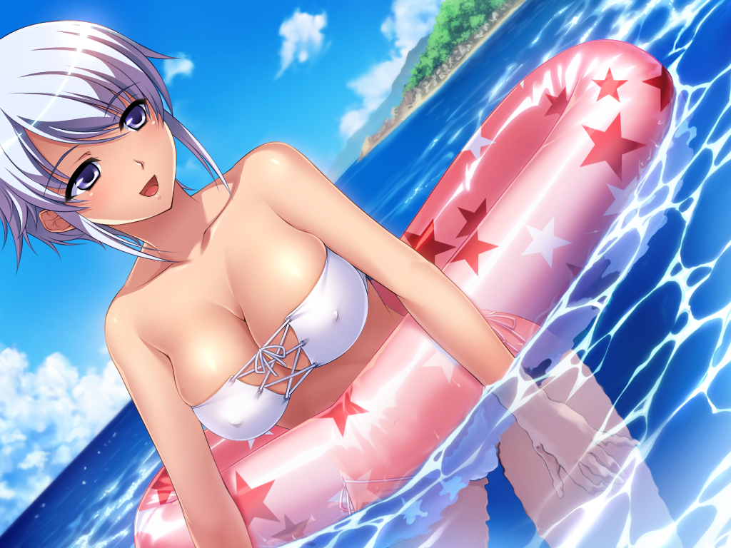 1girl :d aoshima_rui arm bare_arms bare_shoulders berochu! bikini blush breasts cleavage clouds collarbone cross-laced_bikini dutch_angle erect_nipples female game_cg happy highres innertube large_breasts nakano_sora neck ocean open_mouth outdoors partially_submerged sea see-through short_hair side-tie_bikini silver_hair sky smile solo standing star star_print strapless strapless_bikini strapless_swimsuit submerged thong violet_eyes water wet white_bikini white_swimsuit