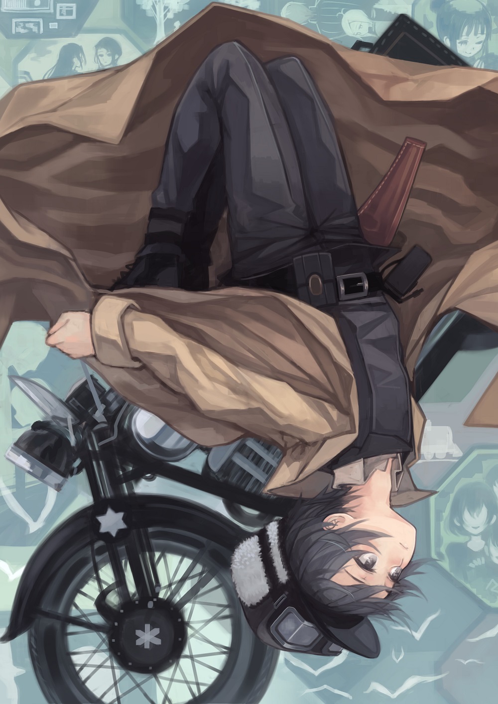 belt black_eyes black_hair boots camera character coat dress_shirt expressionless goggles hat hermes highres holster kino kino_no_tabi motorcycle pouch request seagull shishou_(kino_no_tabi) shizu short_hair suit tea_(kino_no_tabi) trees upside_down window1228