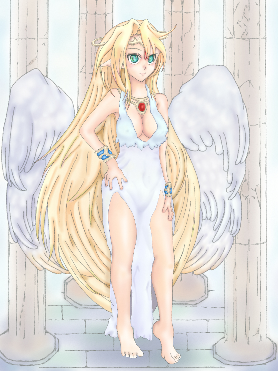 1girl angel barefoot blonde_hair blue_eyes bracelets cleavage feathered_wings goddess ilias long_hair lots_of_jewelery mon-musu_quest! tiara wings