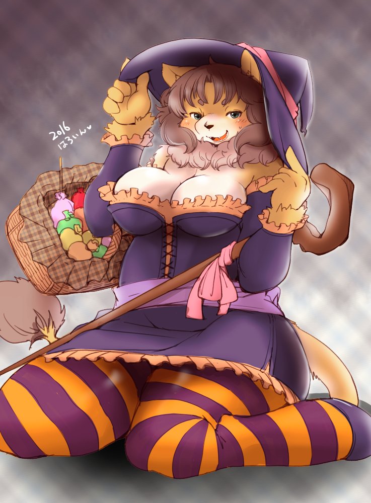 1girl brown_hair copyright_request furry green_eyes halloween halloween_costume lion setouchi_kurage thick_thighs thigh-highs witch_hat