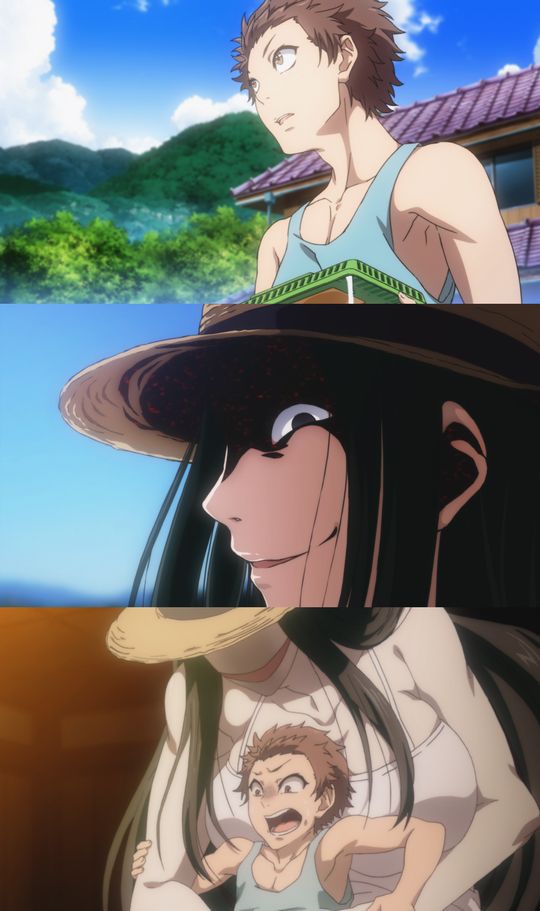 1boy 1girl black_hair breasts creepy evil_smile gigantic_breasts grin hasshaku-sama hat large_breasts long_arms long_hair monster_girl muscle nature outdoors pink_pineapple plant shota sky straight_shota straw_hat upper_body