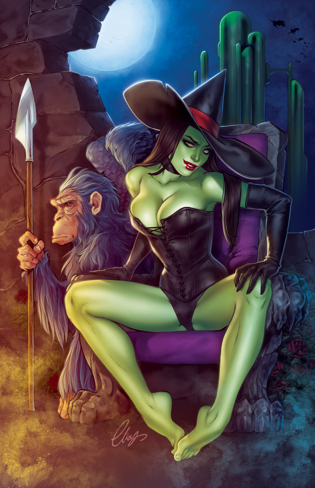 1girl bare_legs bare_shoulders barefoot black_hair black_panties breasts chimpanzee choker cleavage collarbone corset elbow_gloves elias_chatzoudis full_body full_moon gloves green_skin hair_over_shoulder hand_on_own_knee hat highres large_breasts lipstick looking_at_viewer makeup moon no_bra nose panties pinup polearm raised_eyebrow sitting solo_focus spear spread_legs strapless the_wizard_of_oz throne toes underwear weapon wicked_witch witch_hat yellow_eyes