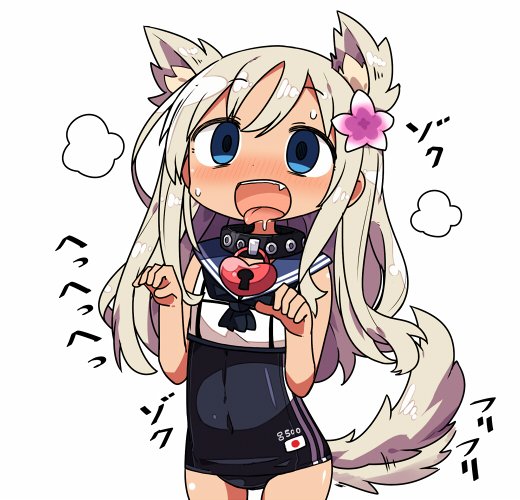 1girl animal_ears blonde_hair blue_eyes blush covered_navel crop_top dog_ears dog_tail drooling flower hair_flower hair_ornament hibiscus japanese_flag kanikama kantai_collection long_hair one-piece_tan paw_pose ro-500_(kantai_collection) sailor_collar school_swimsuit swimsuit swimsuit_under_clothes tagme tail tan tanline teeth